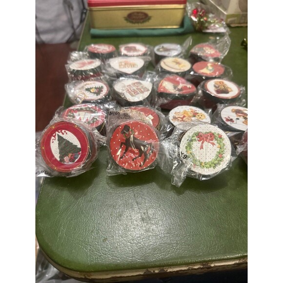 RARE Vintage Wooden Christmas Ornaments NOS Set of 20 w/ Westminster Holiday Tin - Picture 2 of 12